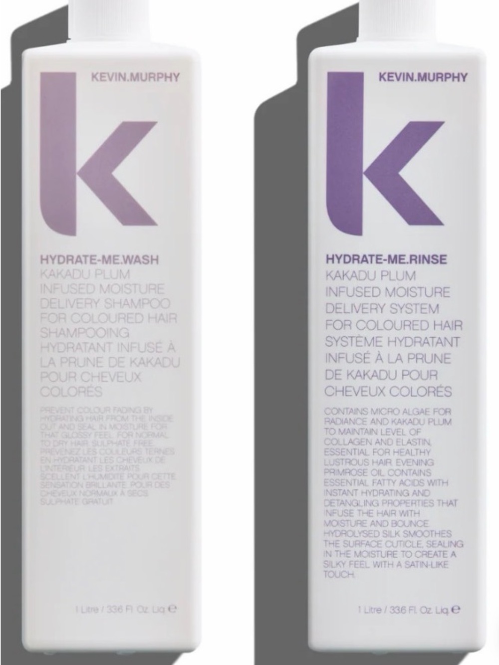 KEVIN.MURPHY Hydrate-Me Wash & Rinse — White Bottles with Purple Accents